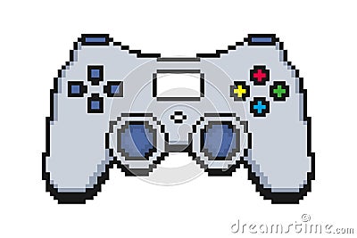 Pixel gamepad or joystick. Pixelated game controller icon with buttons and sticks. Vector Illustration